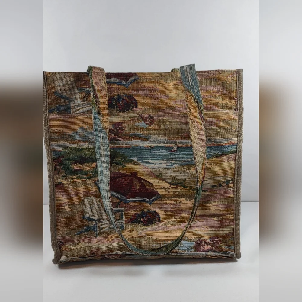 Jade Vintage Multicolor Coastal Beach Scene Tapestry Tote E/ Coin Purse